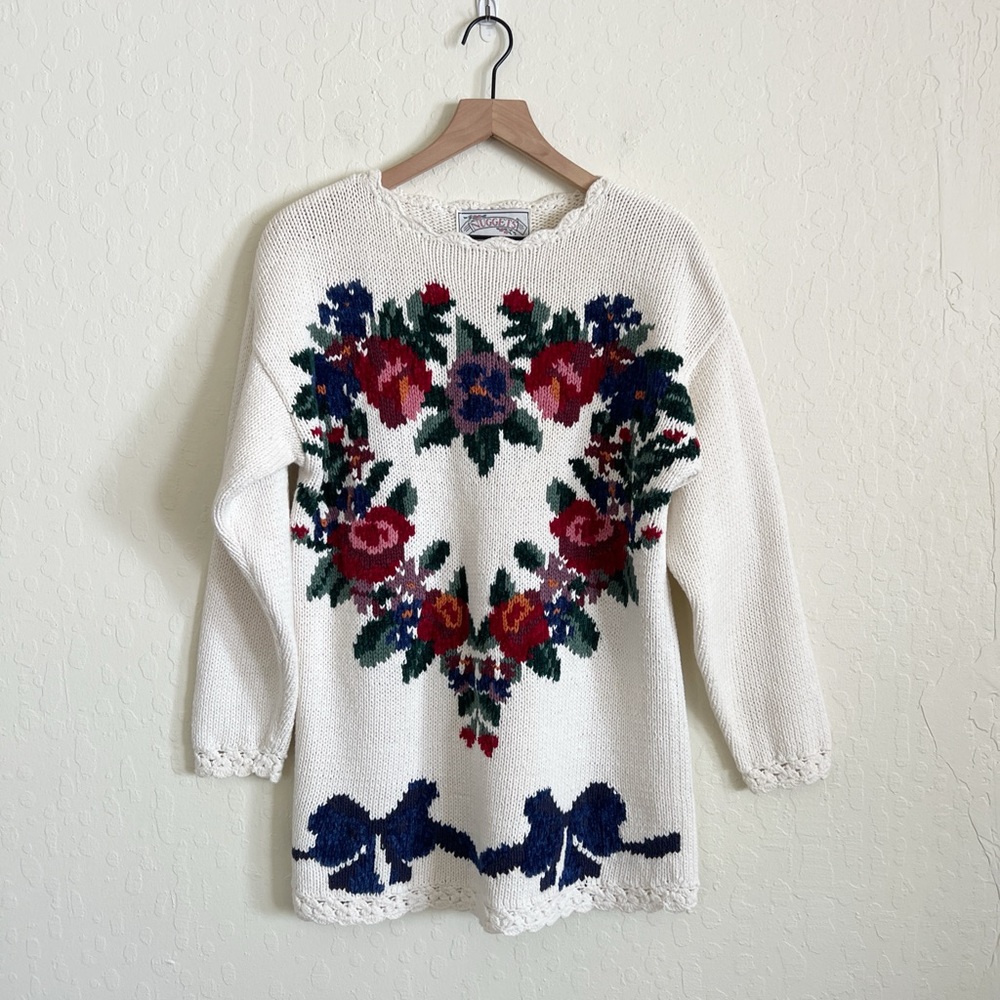Vintage 90s Nuggets Floral Heart Bow Pullover Crewneck Tunic Sweater Medium